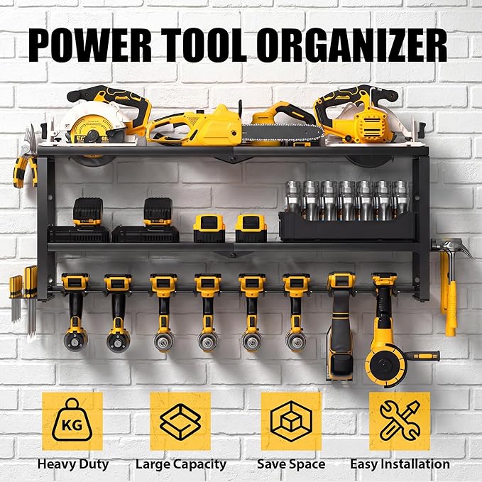 MOOMSINE Power Tool Organizer Wall Mount, Heavy Duty Metal Tool Storage Rack Loads 320lbs, 8 Cordless Drill Holder 3 Layer fo
