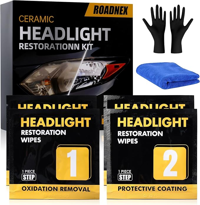 Headlight Restoration Kit, 3-Step Headlight Cleaner Wipes, Removes Yellowing, Oxidation & Cloudiness, Restores Clarity with U