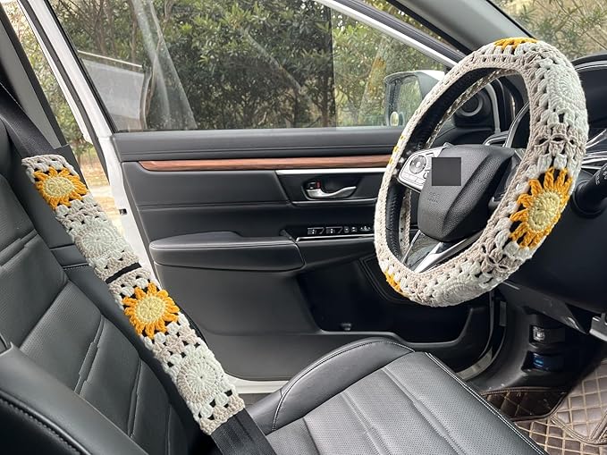 Handmade Crochet Sun Moon Car Steering Wheel Covers Universal 14-15 inch,Cute Steering Wheel Cover,Car Accessories (Steering Wheel Cover+2 Belt Cover)