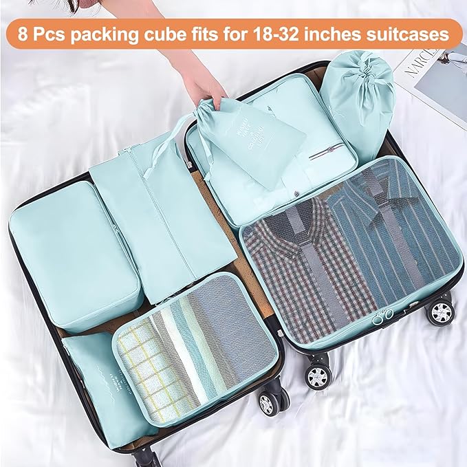 Packing Cubes for Travel - 8 Set Luggage Organizer Bags for Family, Mesh Breathable Travel Essentials Bags Set Durable Travel