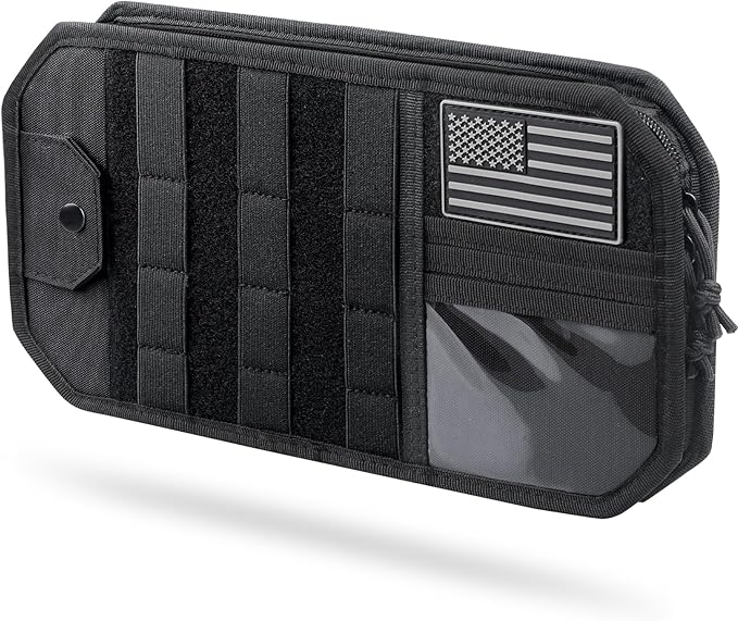 Molle Car Sun Visor Organizer with Zipper Storage Pouch & Glasses Clip, Auto Semi-Rigid MOLLE Panel for Police Gear & Overlanding Accessories, Fit Most Cars, SUVs, Vans & Trucks