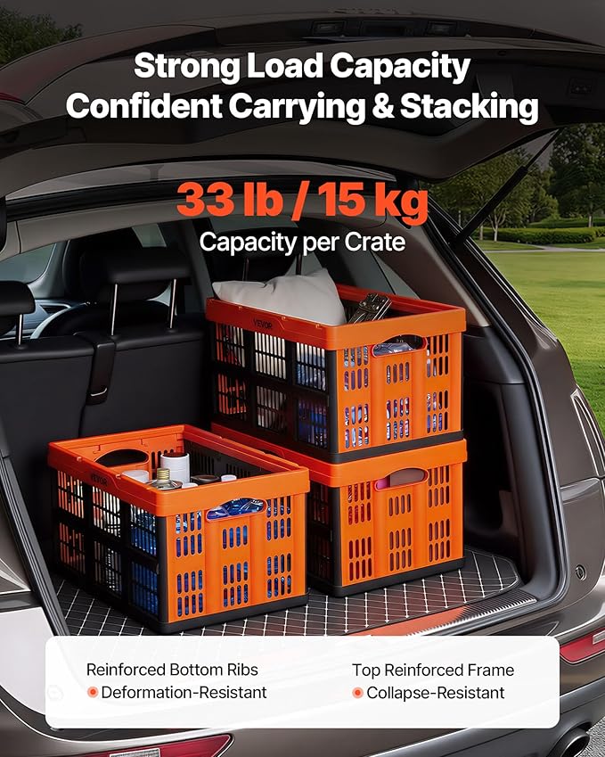 VEVOR Plastic Collapsible Storage Bins, 45L 6 Packs, Stackable Folding Storage Crates with Handles, Holds 33 lbs Per Bin, Fol