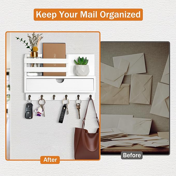 dreampossible Key and Mail Holder for Wall, Mail Organizer Wall Mount with 6 Hooks and Storage Drawer, Wooden Key Rack Hanger