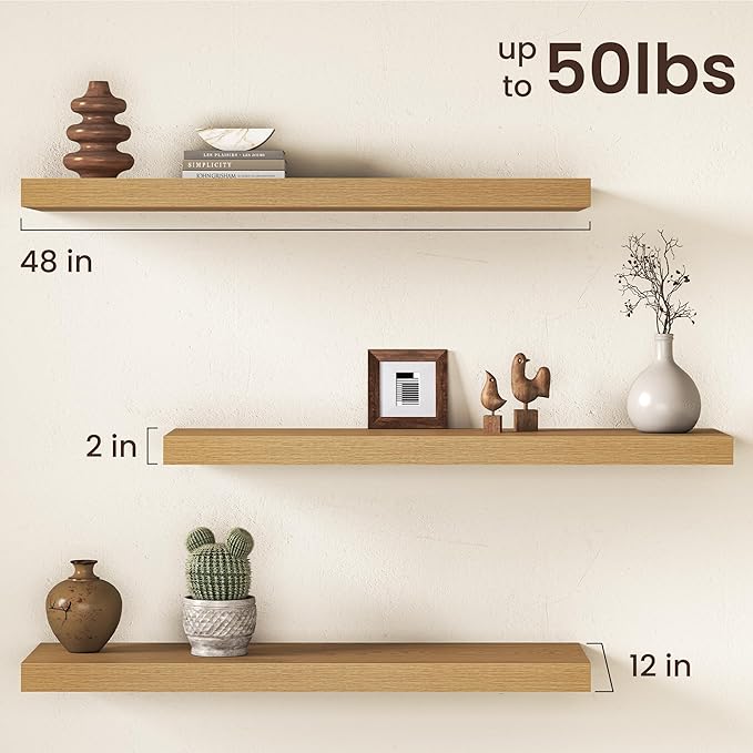Oak Floating Shelves 48Inch Long, 12 Inch Deep Floating Shelves for Wall, 48 x 12 Large Floating Shelf for Fireplace Mantel, 
