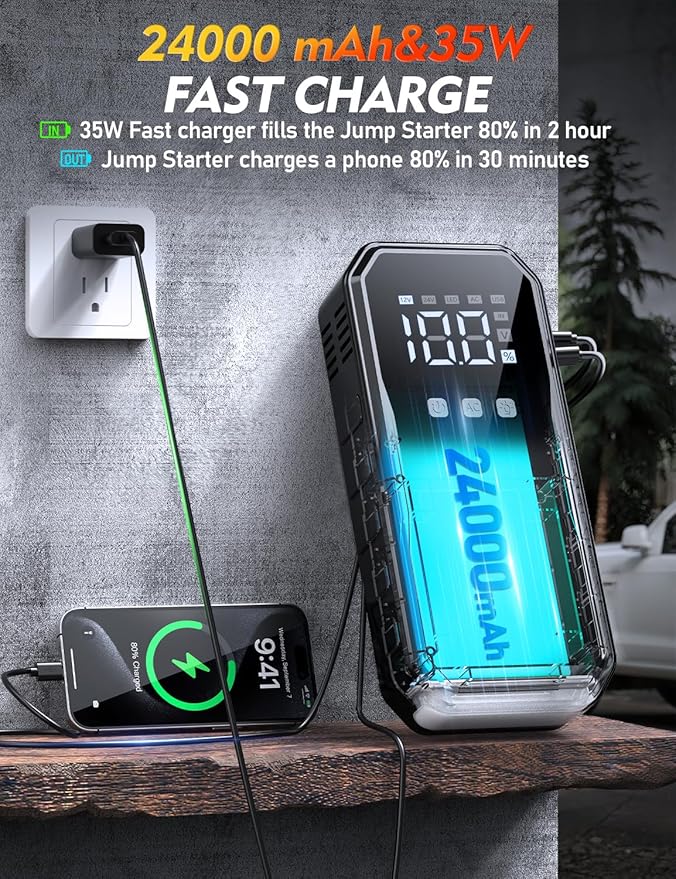 Sharmeal 22-in-1 9000A Jump Starter, 24000mAh Car Booster Pack with 80W AC Outlet & PD 35W Super Fast Charging, 12V Jump