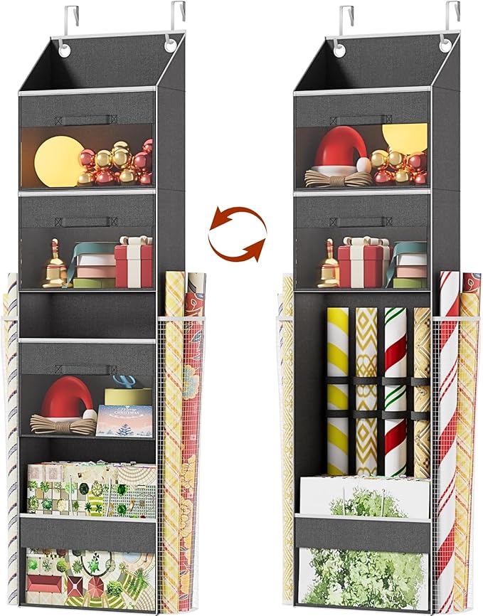 Over Door Wrapping Paper Organizer Storage with 3 Removable Drawers & Side Pockets – Dual Use Design with Elastic Straps – Ch
