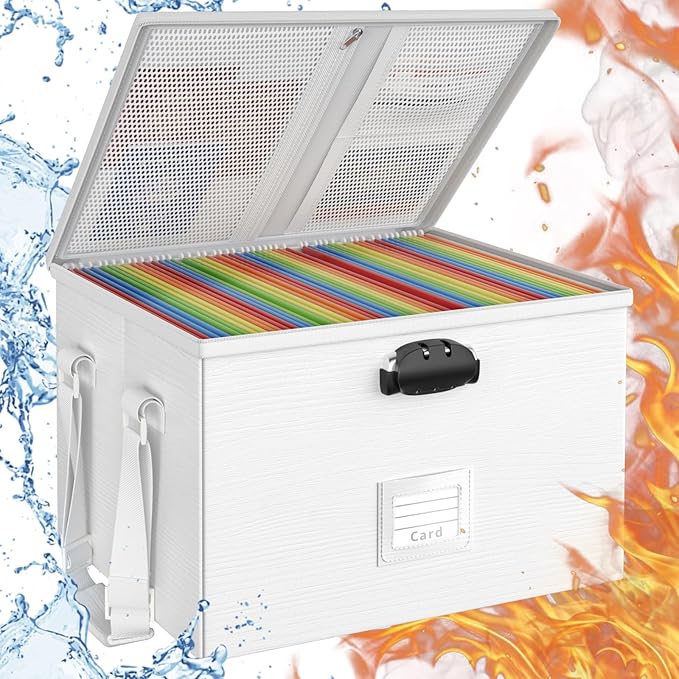 ROSONG Fireproof Document Box File Organizer - Waterproof Locking Filing Portable Storage Box with Handle for Hanging Letter/