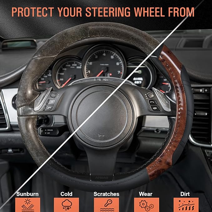 CAR PASS Wood Grain Microfiber Leather Sporty 14.5-15 inch Steering Wheel Cover Universal Fits for 95% Truck,SUV,Cars, Anti-S
