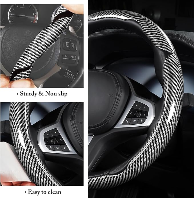 Carbon Fiber Steering Wheel Cover, Snap on Car Steering Wheel Cover Set Accessories 3pcs Wrap Grip Non Slip Protector Universal Glossy Silver