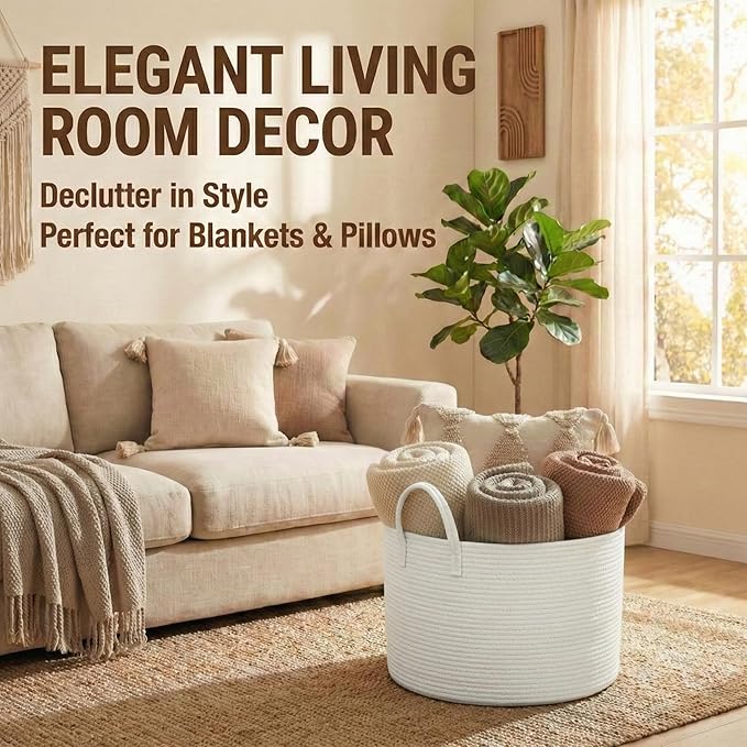 JMvicyroam 115L Extra Large Blanket Basket for Living Room - Woven Cotton Rope Laundry Hamper with Reinforced Handles - Stora