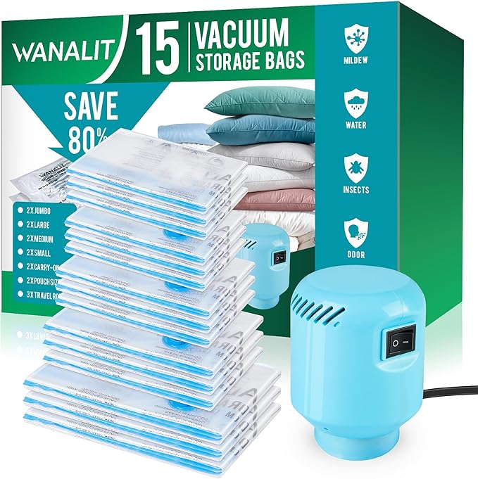 Vacuum Storage Bags with Electric Air Pump, New Air Valve Combo 15 Pack Compression Bag, Space Saving Vacuum Sealer Bags for 