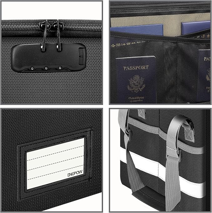 ENGPOW File Box with Lock, Fireproof Document Box with Pockets, Collapsible File Organizer Filing Storage Cabinet with Handle