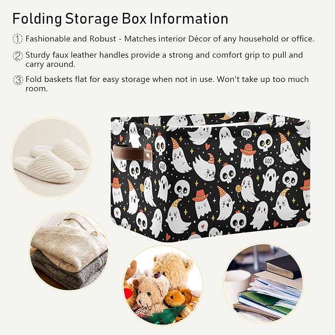 xigua Halloween Ghost Storage Basket Collapsible Storage Bins Waterproof Canvas Storage Basket with Leather Handles for Home 