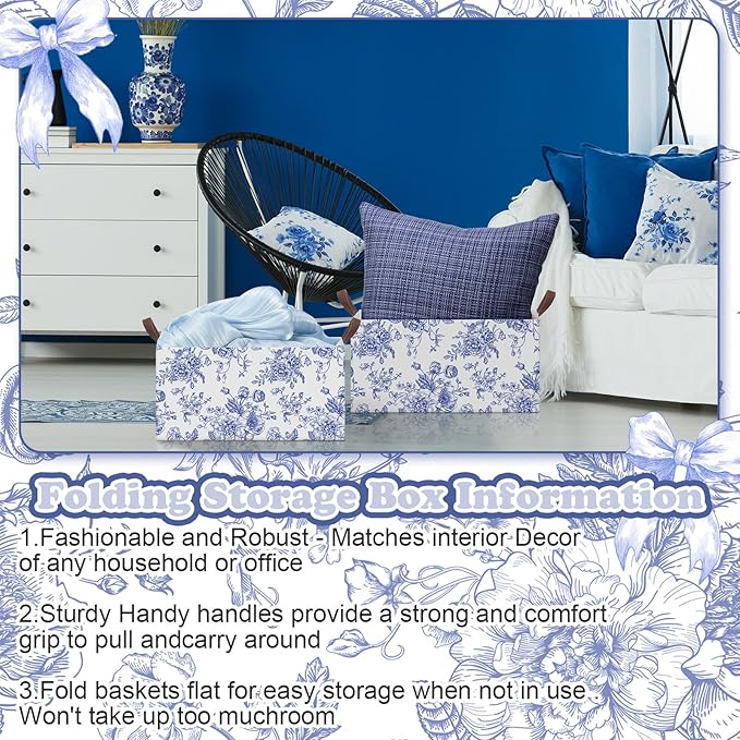 Boao 3 Pcs Blue Floral Storage Bin Wildflowers Collapsible Large Storage Baskets for Gifts Canvas Laundry Basket Foldable Box