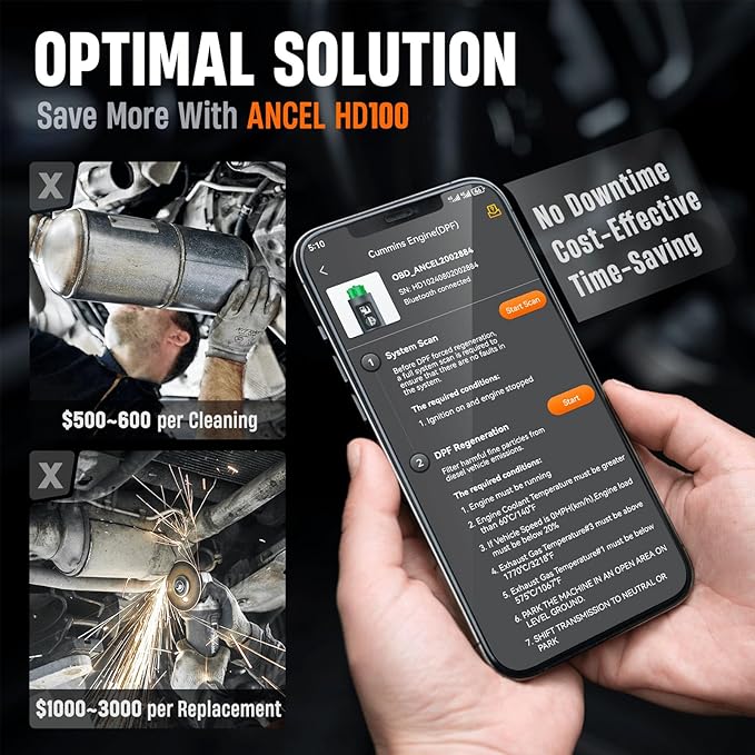 ANCEL HD100 Heavy Duty Truck Scanner with DPF Regen for Cummins & CAT Engines, Bluetooth Diesel Diagnostic Tool with