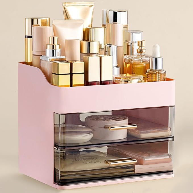HBlife Makeup Organizer for Vanity with 2 Drawers, Large Plastic Bathroom Countertop Cosmetics Organizer Skin Care Storage, E