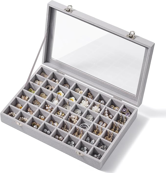 48 Grid Earring Organizer and Storage: Velvet Jewelry Tray with Lid, Jewelry Box for Studs, Earrings, Rings, Necklaces, Dress