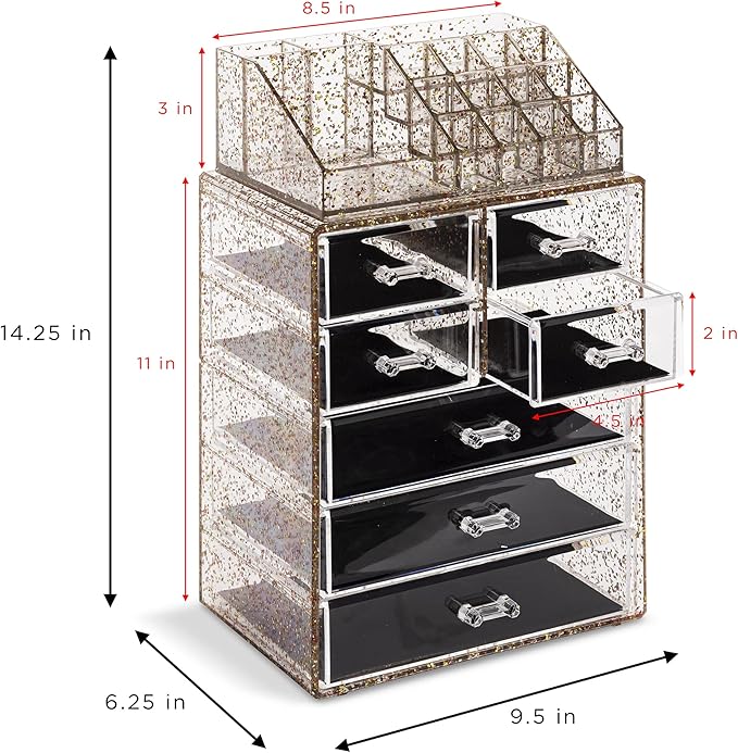Sorbus Acrylic Makeup Organizer Set, 7-Drawer Vanity & Countertop Cosmetic Storage with Small & Wide Compartments, Glitter Ma