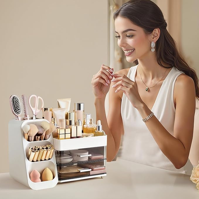 HBlife Makeup Organizer with Brush Holder for Vanity, Large Plastic Bathroom Countertop Organizer Skin Care Storage, Easy to 