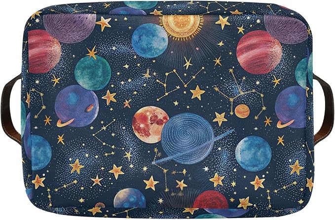 xigua Cartoon Planets Storage Basket Collapsible Storage Bins Waterproof Canvas Storage Basket with Leather Handles for Home 
