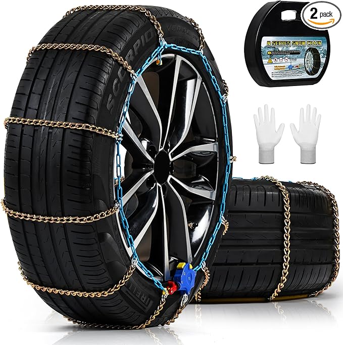 Auto Tightening Snow Chains for Cars, SUVs & Pickup Trucks – 1-Min Quick-Fit Auto Installation, Reusable Universal Emergency 