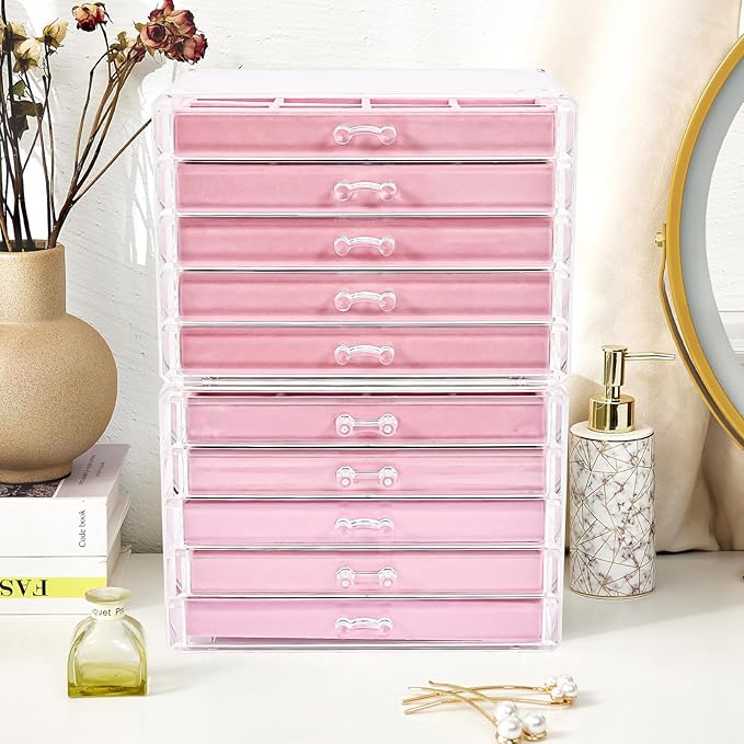 ProCase Earring Holder Organizer Jewelry Box with 10 Drawers, Acrylic Clear Earring Case with Adjustable Velvet Trays for Wom