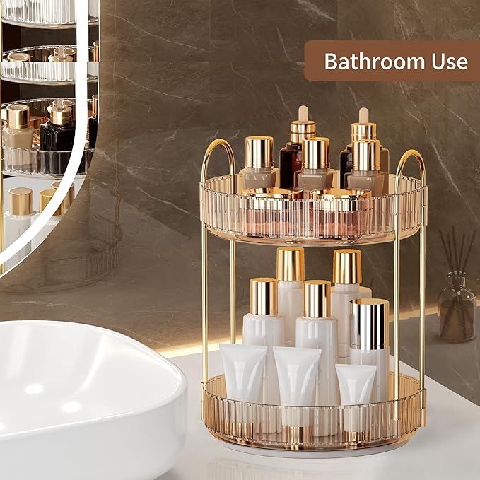 YCIA&DONE 360 Rotating Makeup Organizer and Storage for Vanity Countertop 2 Tiers, High Capacity Cosmetic Skincare Perfume Or