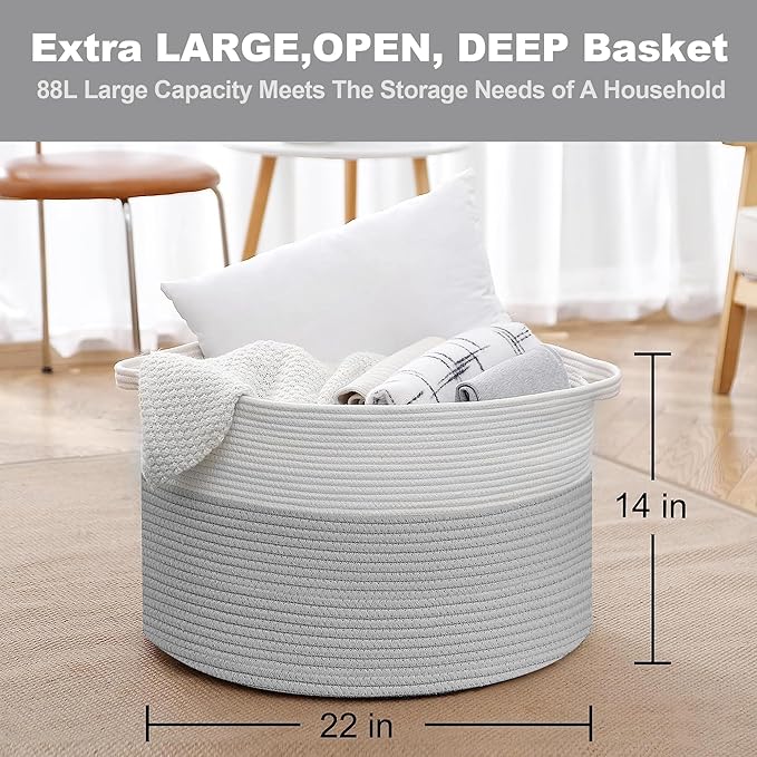 MEGASKET XXXL Large Cotton Rope Storage Bin, 22" X 14" Basket for Blankets Living Room, Woven Baby Kids Toy Storage Bin Box, 