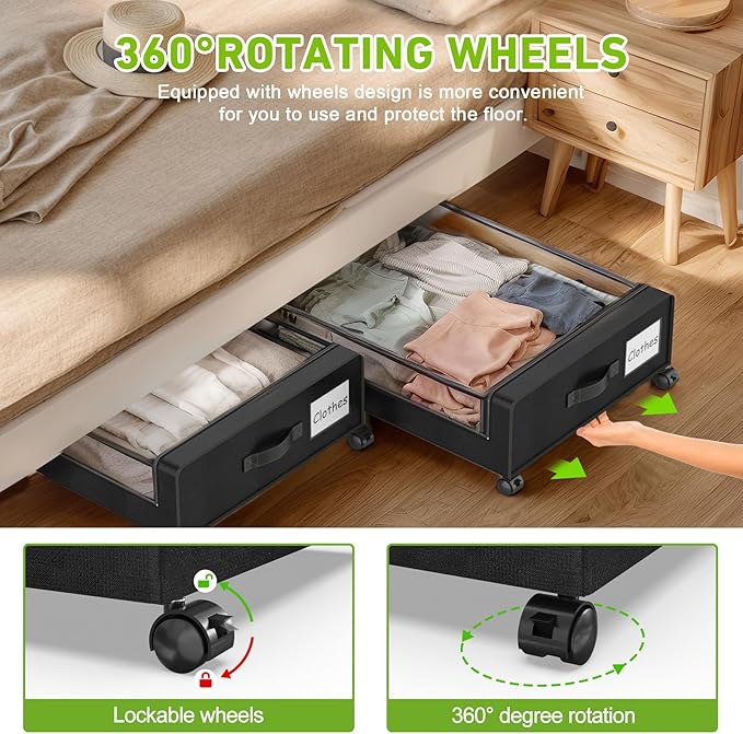 Beborxue Under Bed Storage with Wheels, 2-Pack Under the Bed Storage Containers with Lids, XXL 60L Under Bed Shoe Storage Org