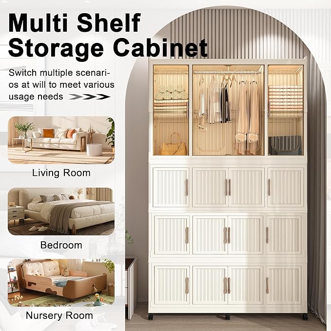 Portable Closet Wardrobe, Foldable Clothes Organizer with 17 Cubes Storage, Hanging Rods, Easy Assemble Clothing Organizer wi