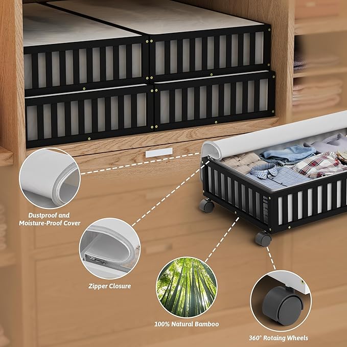 Bamboo Under Bed Storage Containers with Wheels, 2 Pack Large Under the Bed Shoe Storage Bins, Wood Rolling Underbed Drawers 