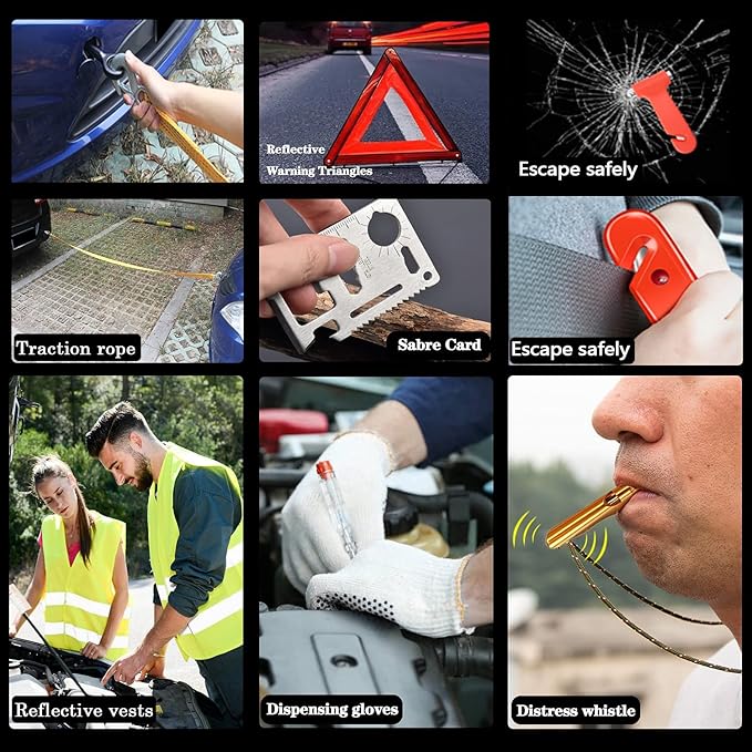 Roadside Emergency Car Kit-Safety Car Kit Car Emergency Kit with Jumper Cables Roadside Assistance Kit, Tow Rope, Safety Hamm