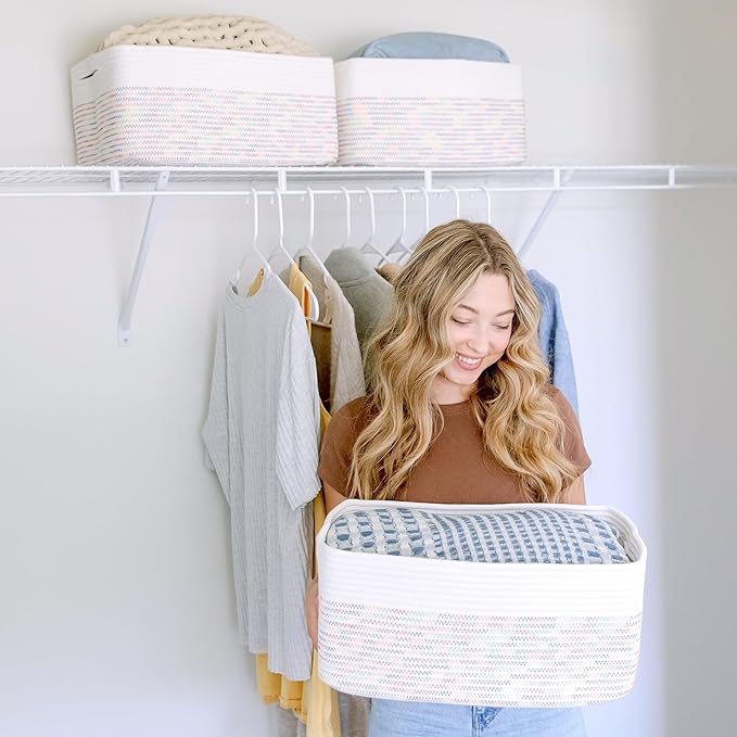 NaturalCozy Storage Baskets 16.8”x13”x7.6” Cotton Rope Woven Baskets for Organizing 3-Pack | Toy Storage Bins | Basket for Sh