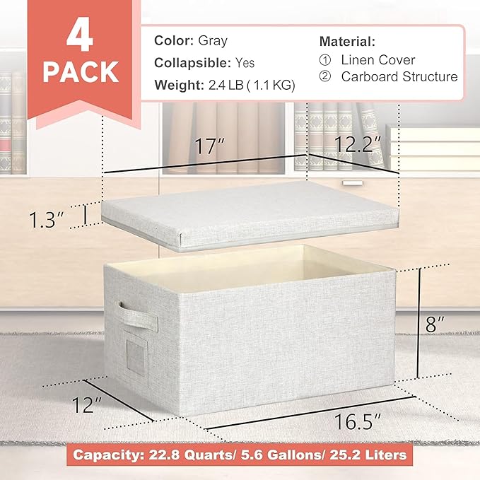 Large 17''x12'' Quart Collapsible Stackable Storage Bins with Lids, 4 Packs Off White Fabric Closet Boxes with Lids, Storage 