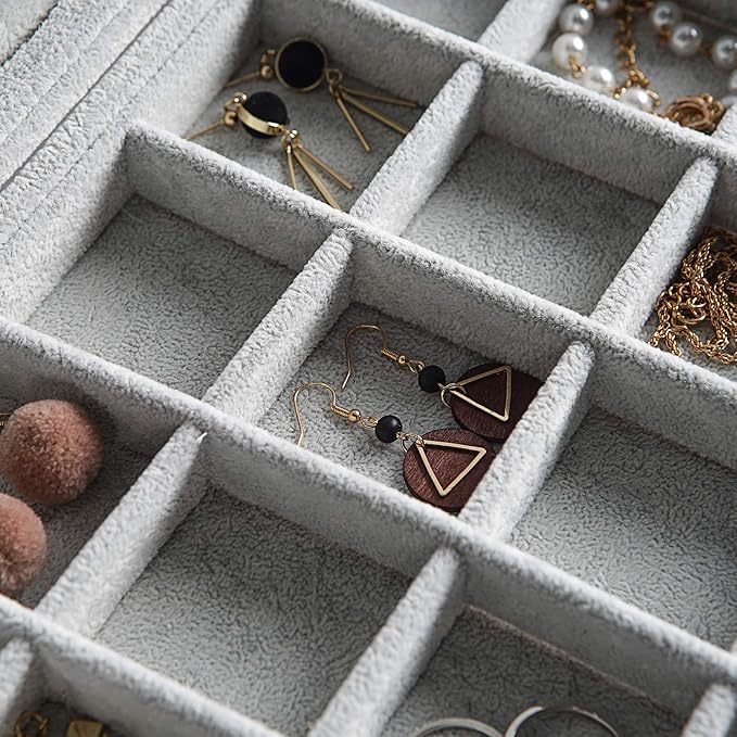Frebeauty Velvet Jewelry Tray,35 Grid Jewelry Organizer with Clear Lid,Earring Holder Organizer Case with Clasp,Drawer Insert