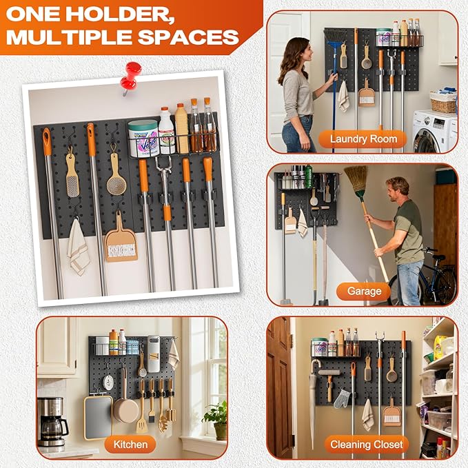 Broom Holder Wall Mount, Peg Board Wall Organizer with Mop Hanger Gripper Hooks Basket, Laundry Room Organization and Storage