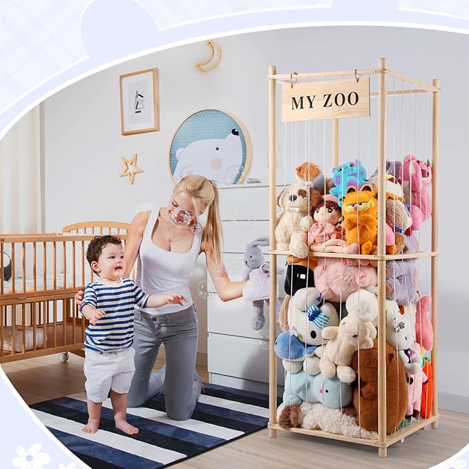 GLDZI Stuffed Animal Storage Zoo, Wooden Stuffed Animal Organizer with Elastic Cords for Boys Girls, Space Saving Toy Plushie