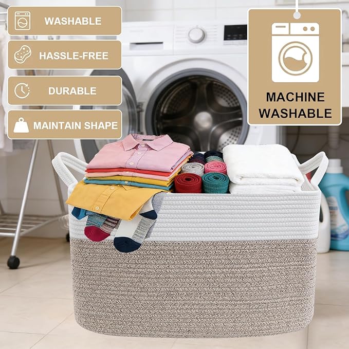 96L Large Blanket Basket,24"x16"x15"Rectangle Storage Bin with Handles,Woven Rope Laundry Basket for Toys, Clothes,Magazines,
