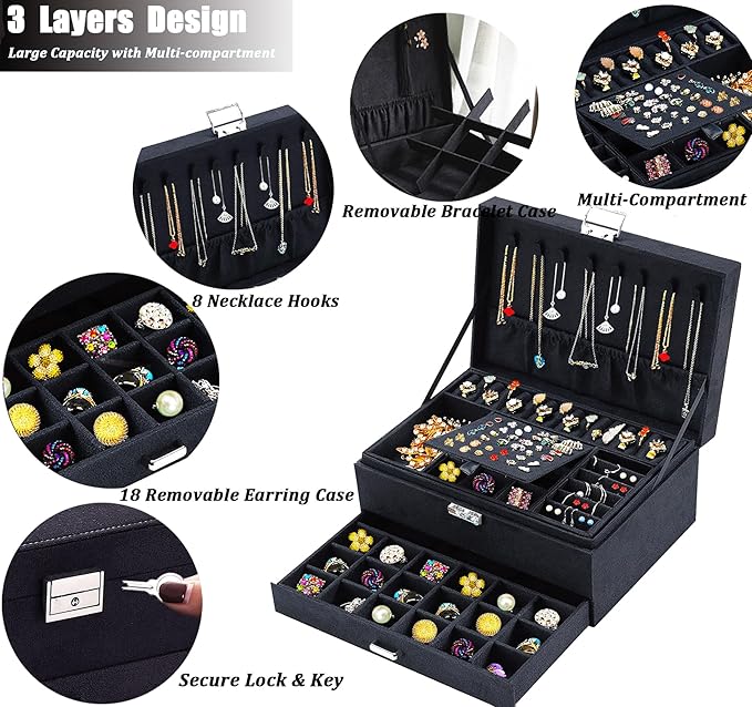 QBestry Jewelry Box for Women with Drawer, 3-Layer Large Jewelry Organizer with Lock & Key, 8 Necklace Hooks & 56 Earring Hol