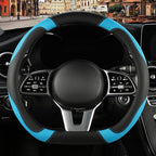 Microfiber Leather D Shaped Steering Wheel Cover, Breathable, Anti Slip, Universal 15 inch, Black with Blue