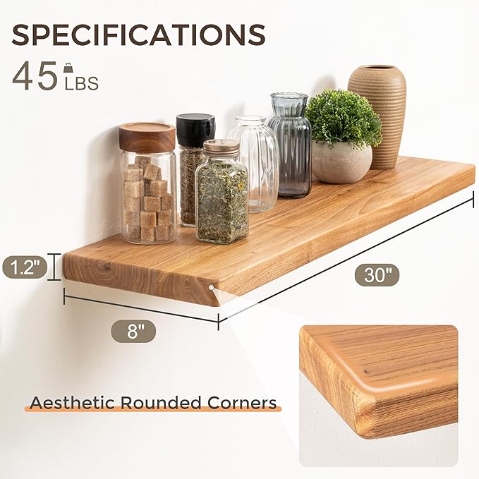 Floating Shelves 30" W x 8" D, Solid Elm Wood Shelves for Wall, 8 Inch Deep Floating Shelves for Home Storage & Display, Rust