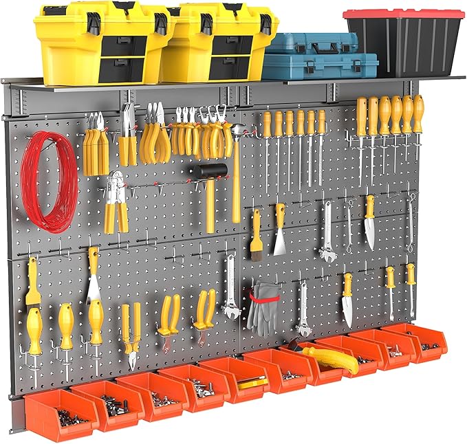 TORACK Metal Pegboard with Peg Board Hooks, Tools Storage Pegboard with Pegboard Hooks, Wall Mounted Storage Bins, Shelves, T