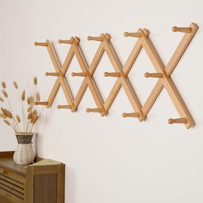 SKOLOO Hat Rack for Wall with 14 Hooks, Solid Wooden, Modern, Expandable Coat Rack Wall Mount for Coats, Hats, Bags, Baseball