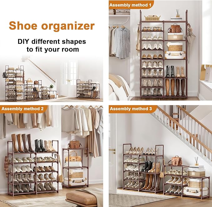 WOWLIVE 9 Tiers Large Shoe Rack Brown Shoe Rack Organizer for Closet 30-35 Pairs Stackable Heavy Duty Shoe Shelf Shoe Storage
