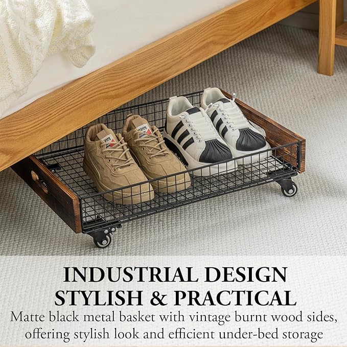 MyGift 24" Under Bed Storage Drawer Cart – Rolling Underbed Organizer Bin with Metal Wire Basket, Rustic Burnt Wood Sides, Ma