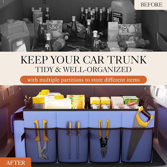 HOTOR Large-Capacity Trunk Organizer - Foldable for SUVs & Sedans, Sturdy Organization for Car Accessories, Tools, Sundries,