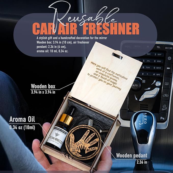 Handmade Wood Car Air Freshener — Father’s Hands Designed Refillable Essential Oil Diffuser — Long Lasting Ocean Breeze Fragr
