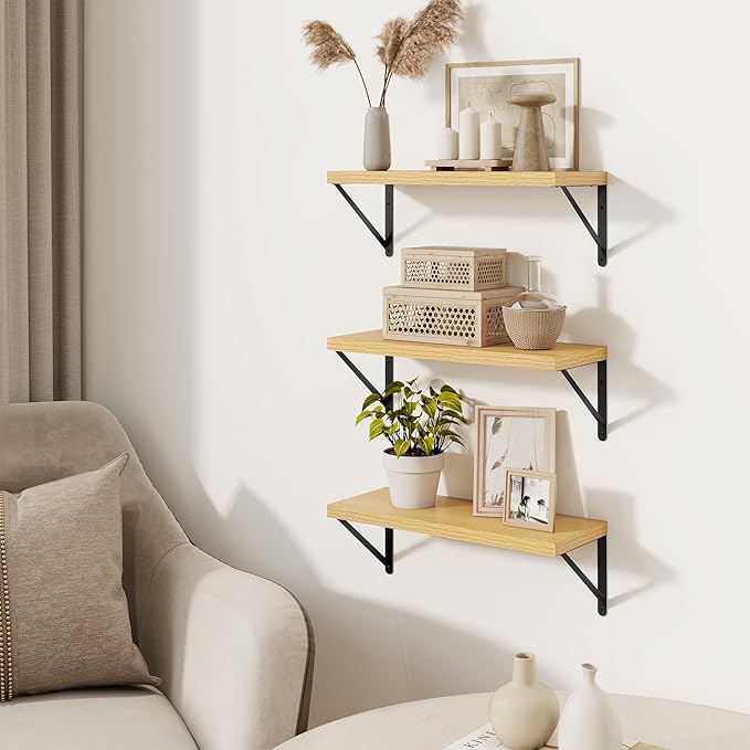 Book Shelf for Wall, Oak Shelf, Floating Shelves with Brackets, 16 inch Wall Shelves Set of 3, Particle Board Shelving for Ki