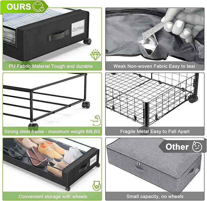 Under Bed Storage with Wheels, 2-Pack Under the Bed Storage Containers with Clear Lids & Label, Underbed Storage Bins, XXL 60