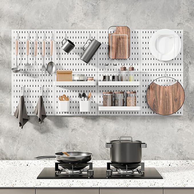 MULSAME Pegboard Combination Kit, Wall Mounted Storage Set with 4 Pegboards & 14 Accessories Hanging, White Peg Boards Organi